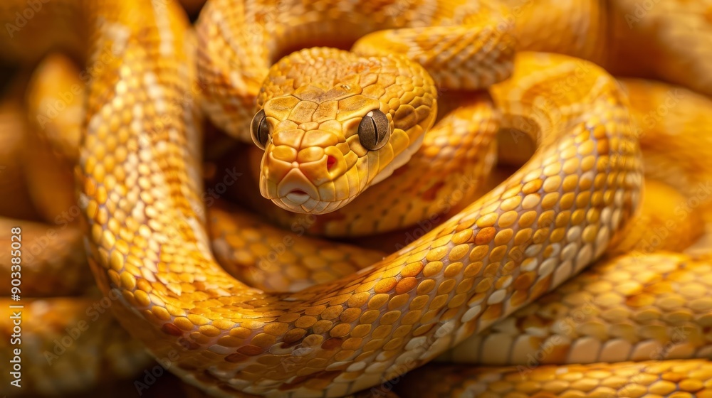 A detailed closeup of intertwined golden snakes, focusing on their scales and shine A detailed closeup of intertwined golden snakes, focusing on their scales and shine