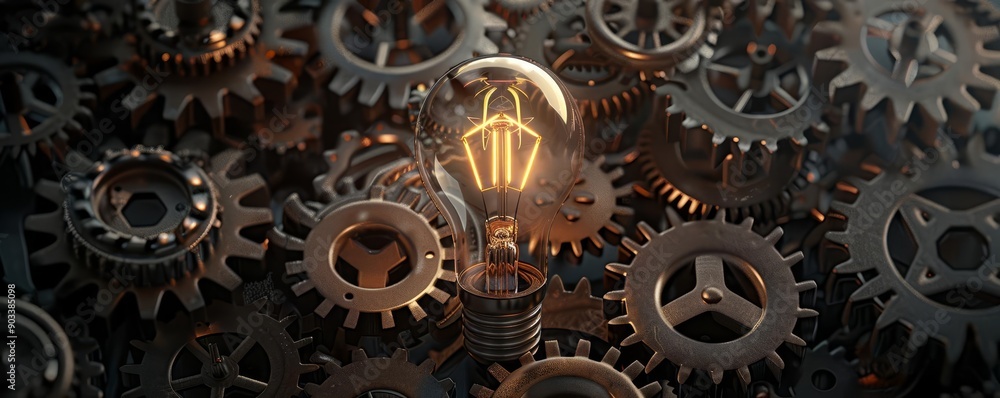 A glowing filament bulb surrounded by dark industrial gears, symbolizing creativity and innovation A glowing filament bulb surrounded by dark industrial gears, symbolizing creativity and innovation