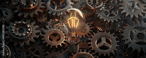 Wallpaper Mural A glowing filament bulb surrounded by dark industrial gears, symbolizing creativity and innovation Torontodigital.ca