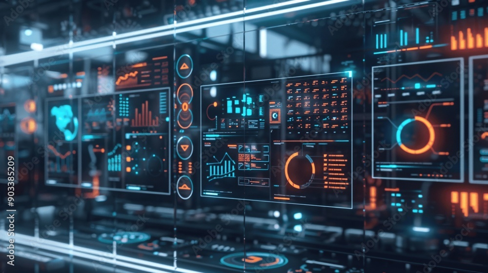 Fototapeta premium High-Tech Infographic Studio with Robotic Tools and Neon-Infused Data Visualizations for Innovative and Dynamic Data Presentation.