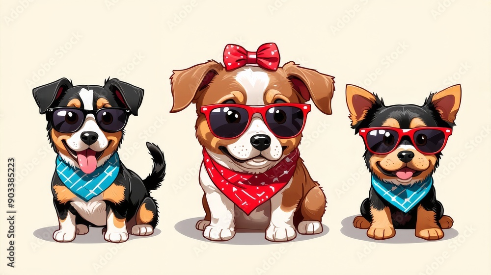 Fototapeta premium Cute Illustration of Three Stylish Puppies Wearing Sunglasses and Bandanas - Fun Dog Cartoon Art