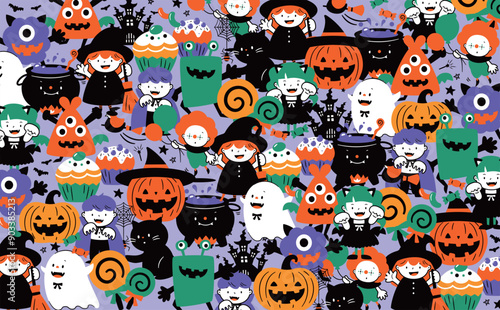 ハロウィンの夜の模様・柄を手書きで描いたかわいい仮装をした子どもたちやかぼちゃ・モンスター等のパターンイラスト背景