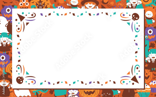 ハロウィンパーティーで仮装した子どもたちとかぼちゃ・おばけ・モンスター等のかわいい余白のあるフレーム背景イラスト