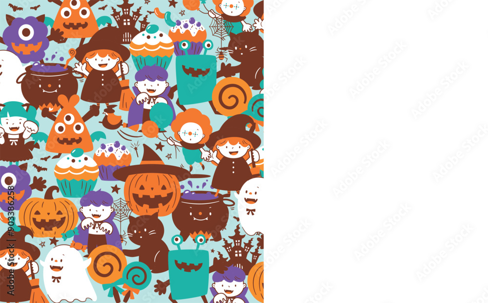 Fototapeta premium ハロウィンパーティーで仮装した子どもたちとかぼちゃ・おばけ・モンスター等のかわいい手書きフレーム背景イラスト