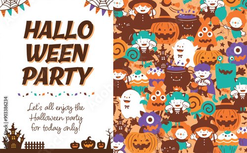 ハロウィンパーティーで仮装した子どもたちとかぼちゃ・おばけ・モンスター等のかわいい手書きフレーム背景イラスト