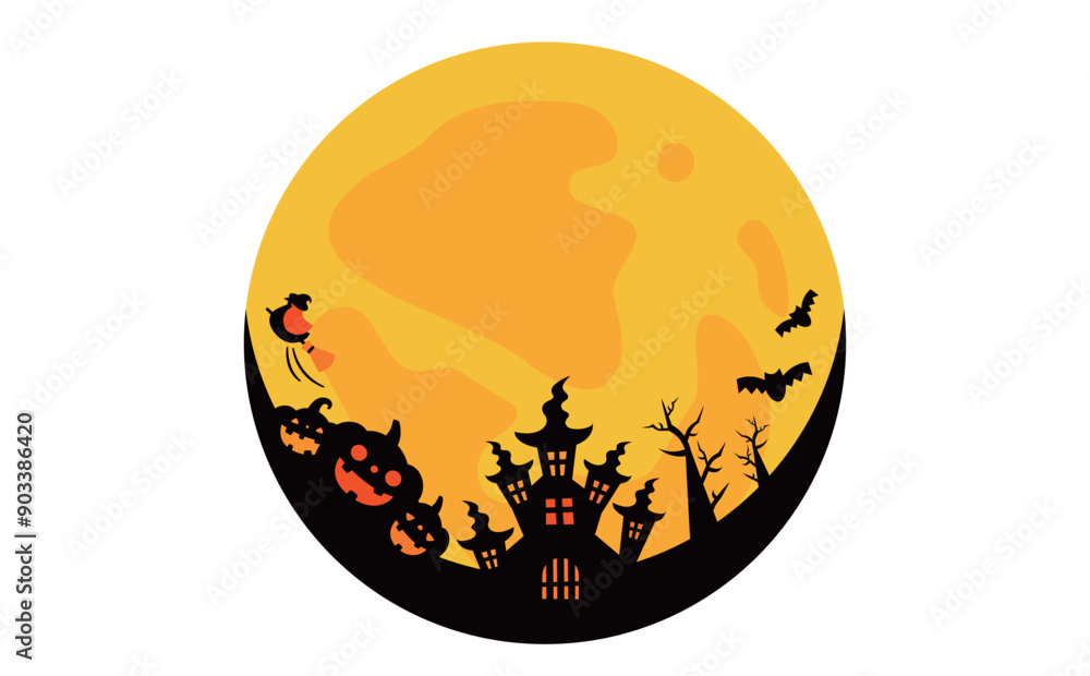 月明かりの城とハロウィンかぼちゃのシルエットフレームの円形囲みのタイトルバック背景イラスト 月明かりの城とハロウィンかぼちゃのシルエットフレームの円形囲みのタイトルバック背景イラスト