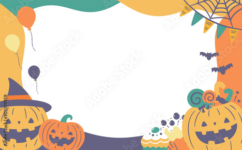 秋のハロウィンのかぼちゃとお菓子でかわいいデコレートされたフレーム背景のイラスト_カード・広告デザイン枠