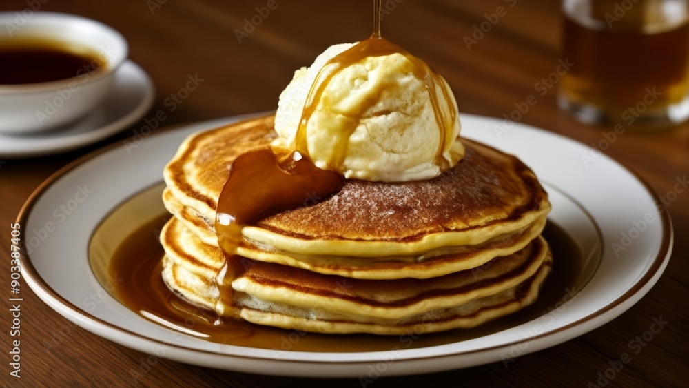 Deliciously indulgent pancakes with maple syrup and whipped cream Deliciously indulgent pancakes with maple syrup and whipped cream