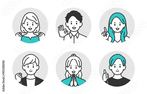 ポジティブな若い男女の顔アイコンセット【人物ベクターイラスト素材】