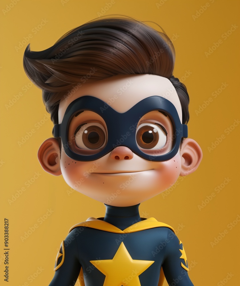 Fototapeta premium Cute Cartoon Boy Superhero Character Illustration with Big Eyes and Star Costume on Yellow Background