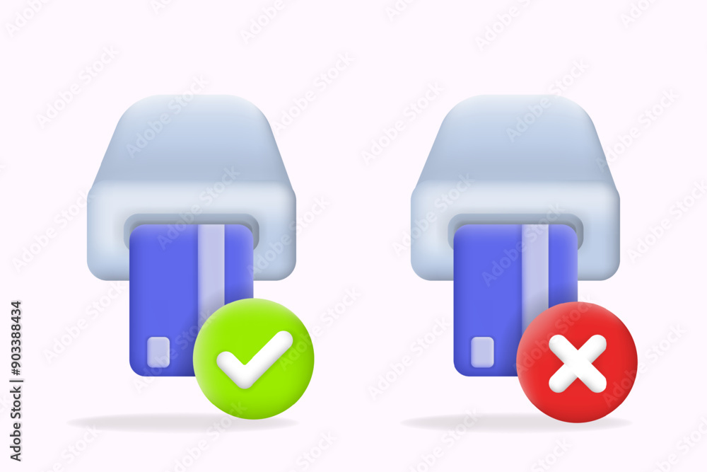 Credit card insertion approval and decline icons for POS systems. Featuring green checkmark and red cross indicators. 3d illustration payment statuses in retail and e-commerce platforms Credit card insertion approval and decline icons for POS systems. Featuring green checkmark and red cross indicators. 3d illustration payment statuses in retail and e-commerce platforms