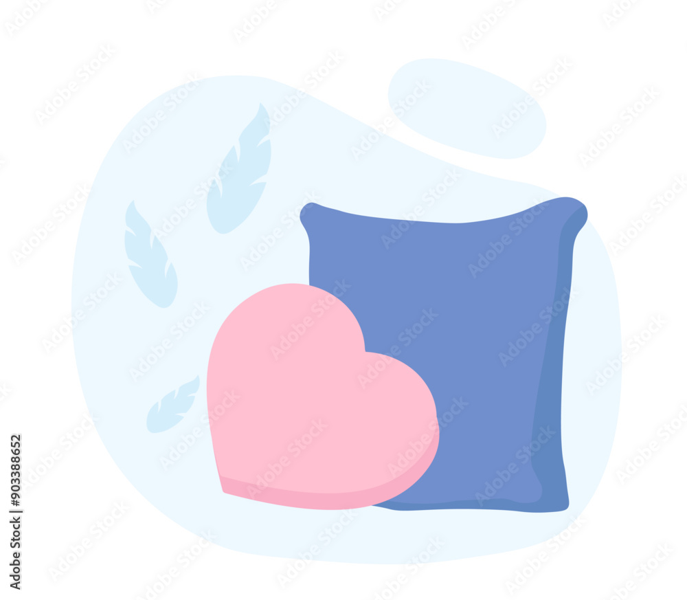 Bed for sleep. Blue and pink pillows. Sleep, dream, rest and recuperation. Comfort and coziness indoors. Poster or banner for website. Linear vector illustration Bed for sleep. Blue and pink pillows. Sleep, dream, rest and recuperation. Comfort and coziness indoors. Poster or banner for website. Linear vector illustration
