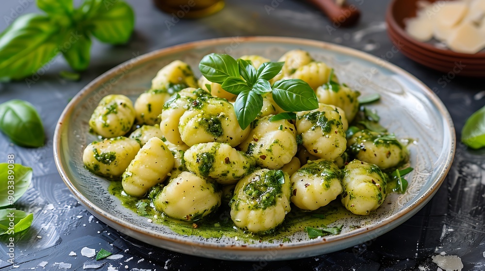 Potato gnocchi with pesto sauce on a plate Potato gnocchi with pesto sauce on a plate