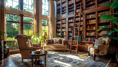 Wallpaper Mural Elegant Home Library with Floor-to-Ceiling Bookshelves Torontodigital.ca