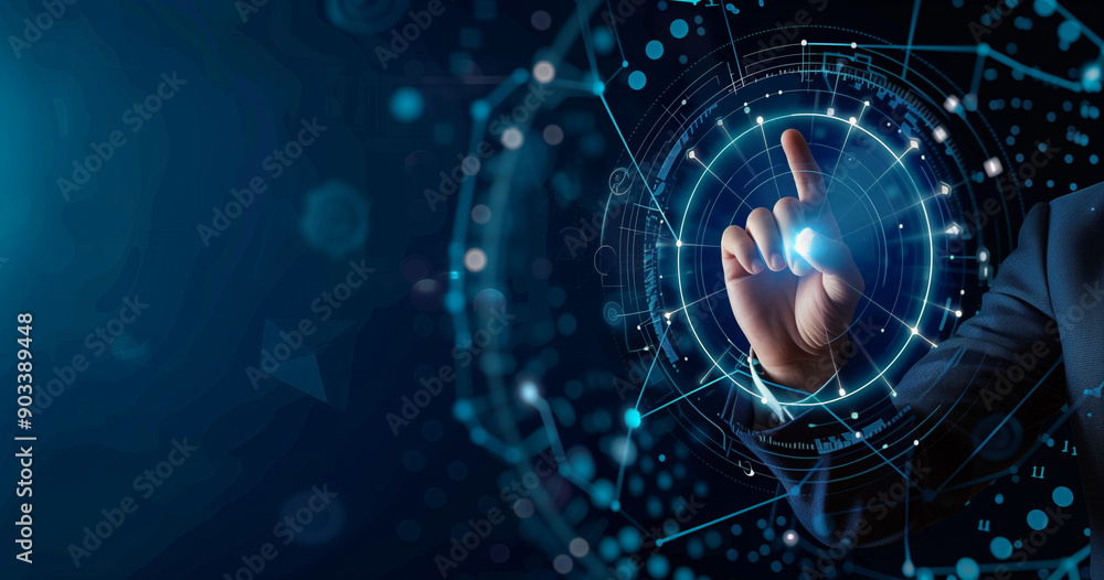 Person interacting with a futuristic digital interface displaying various glowing icons set against a blurred background. Person interacting with a futuristic digital interface displaying various glowing icons set against a blurred background.