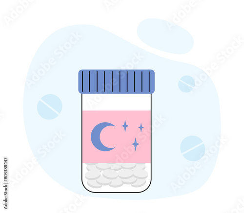 Melatonin pills concept. Blue and pink pillows. Sleep, dream, rest and recuperation. Medicines for sleep, pharmacy. Health care and medicine. Linear vector illustration