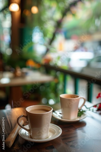 Wallpaper Mural Two coffee cups on a wooden table surrounded by greenery, creating a cozy and inviting cafe atmosphere. Torontodigital.ca