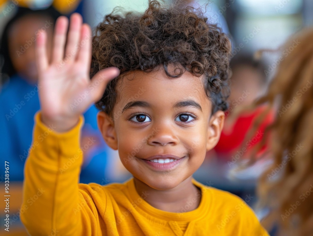 A young boy smiles and raises his hand. AI. A young boy smiles and raises his hand. AI.