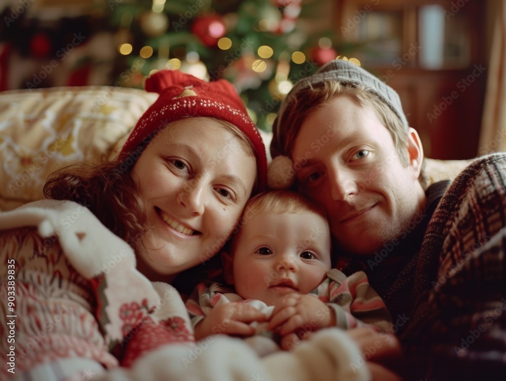 A family smiles for a cozy holiday photo. AI. A family smiles for a cozy holiday photo. AI.