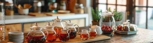 A cozy kitchen scene featuring various tea pots and fresh ingredients, perfect for a warm and inviting atmosphere.