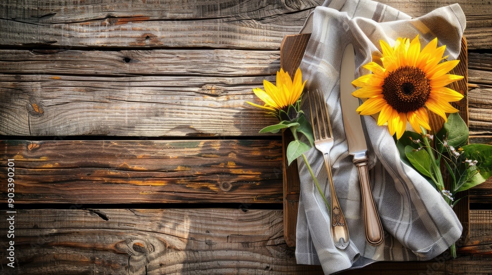 Obraz premium Sunflower on Rustic Wood Board Background for Summer Fall Picnic Place Setting with Copy Space
