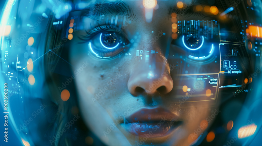Cybernetic Gaze: A young woman's face, adorned with glowing circuitry and a futuristic helmet, gazes intently into the digital unknown. Cybernetic Gaze: A young woman's face, adorned with glowing circuitry and a futuristic helmet, gazes intently into the digital unknown.