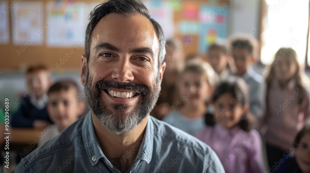 Handsome male teacher smiling and looking into the camera at elementary school with little children at the blurred background Handsome male teacher smiling and looking into the camera at elementary school with little children at the blurred background