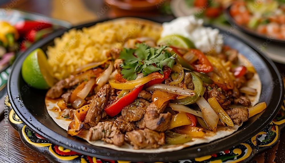 A plate of sizzling fajitas with meat and vegetables on plate A plate of sizzling fajitas with meat and vegetables on plate