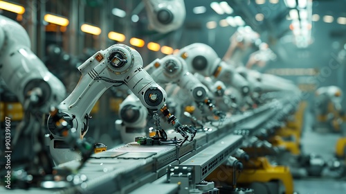 A close-up of robotic arms performing precise tasks on an automated assembly line, with intricate details and modern factory equipment, under bright industrial lights. photo