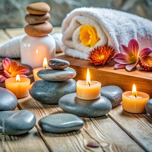 spa, soft towels, aroma oils, massage stones