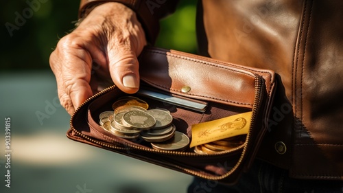 Grandpa s empty wallet. A senior citizen man looks inside his empty wallet. There is no more money because he spent it all on prescription drugs. photo