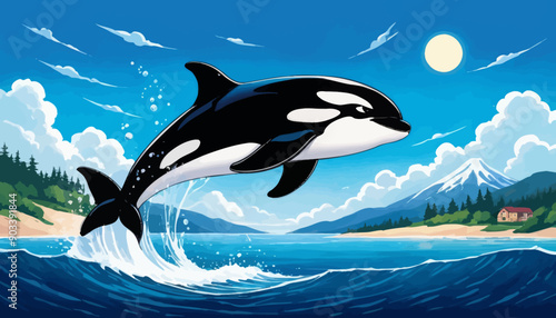 Whimsical Ocean Adventure: A Playful Killer Whale Soaring Over the Waves