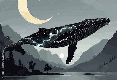Whale's Tail Silhouette Against Moonlit Mountainscape