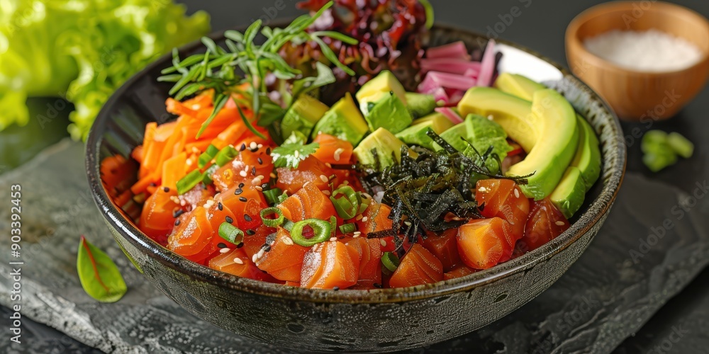 Fresh and Healthy Poke Bowl with Salmon, Avocado, Seaweed, and Vegetables on Slate Plate Perfect for a Nutritious Meal Fresh and Healthy Poke Bowl with Salmon, Avocado, Seaweed, and Vegetables on Slate Plate Perfect for a Nutritious Meal