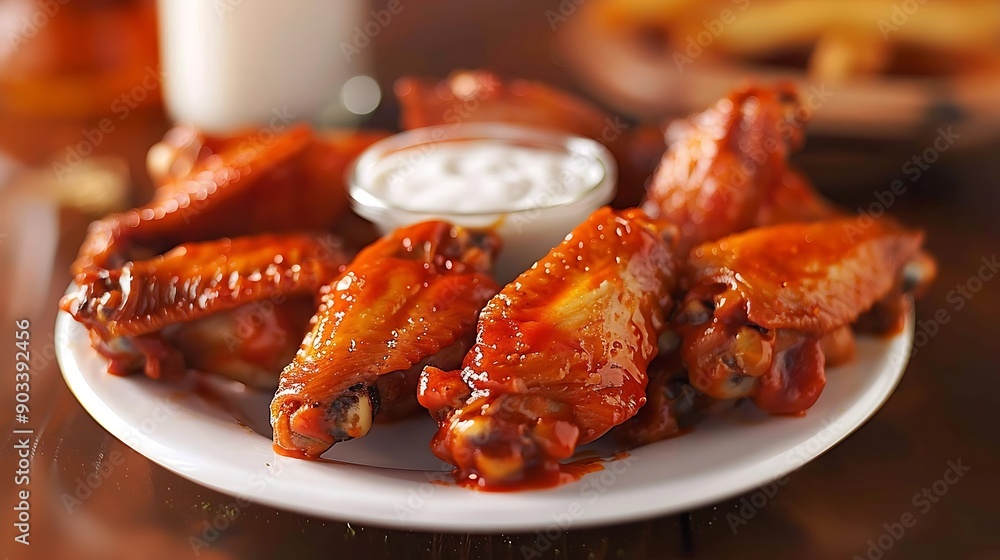 Baked chicken wings with sauce and parsley on a plate Baked chicken wings with sauce and parsley on a plate