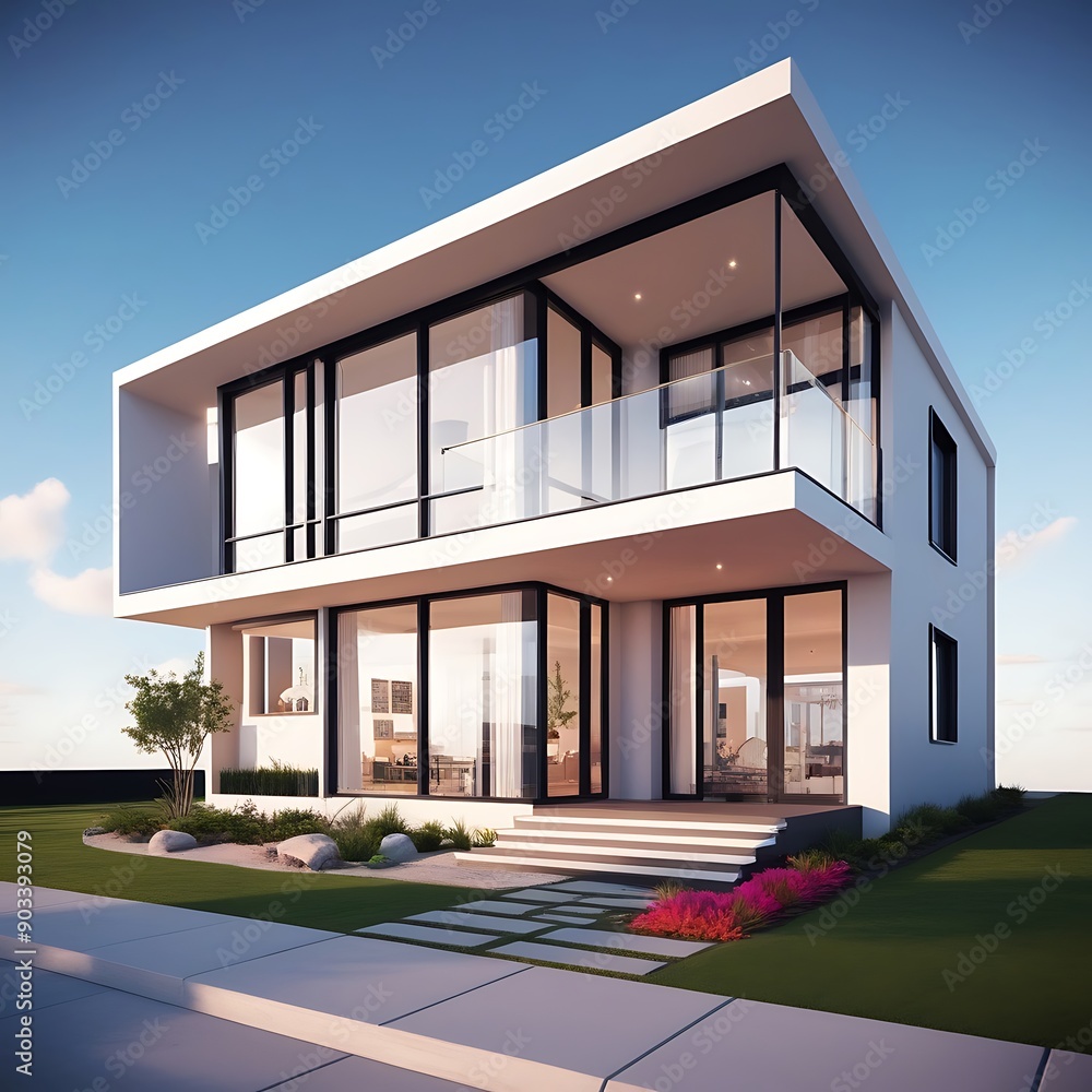 A 3D illustration of a modern house building, showcasing a contemporary design with large glass windows, a minimalist facade, and a landscaped front yard A 3D illustration of a modern house building, showcasing a contemporary design with large glass windows, a minimalist facade, and a landscaped front yard