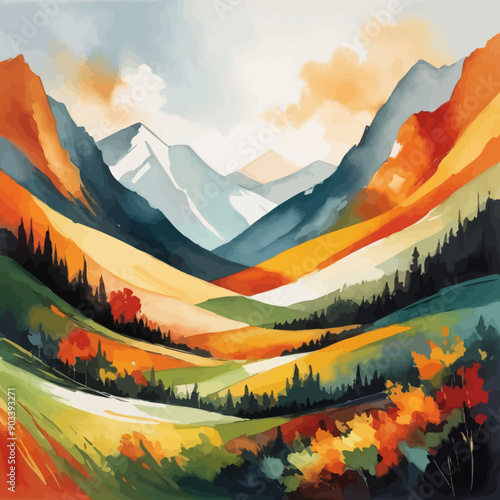 Vibrant Mountainous Landscape with Colorful Trees and Hills