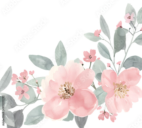 watercolor pink floral corner white background pastel colors cute style