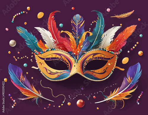 Vibrant Mardi Gras Mask and Feather Decoration