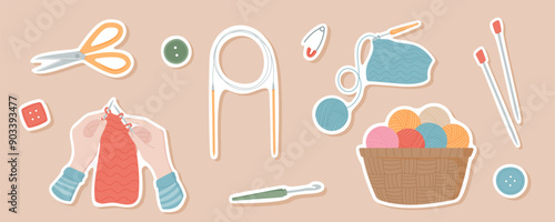 Sticker pack hands knitting with a thread, and a basket of colorful yarn. Scissors, buttons, and knitting needles for tailoring. Cute illustration of essential sewing supplies for handmade projects.