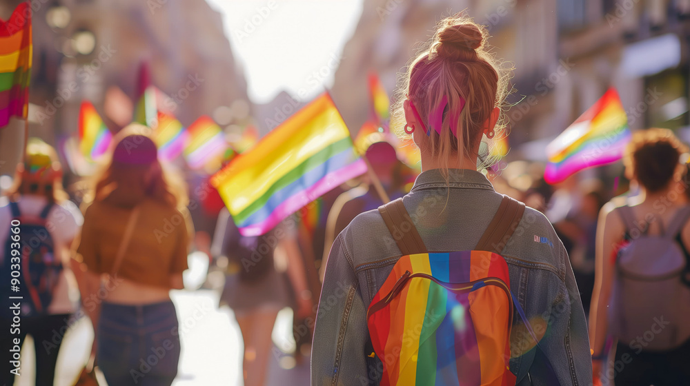 Pride in Every Step: A young woman with a rainbow backpack walks confidently amidst a vibrant crowd, bathed in the warm glow of acceptance and celebration at a Pride parade. Pride in Every Step: A young woman with a rainbow backpack walks confidently amidst a vibrant crowd, bathed in the warm glow of acceptance and celebration at a Pride parade.