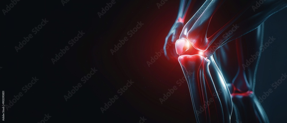 X-ray-like image of a human knee joint with pain highlighted Stock ...