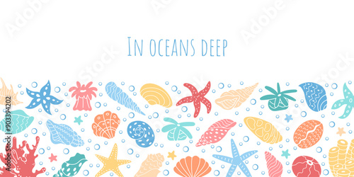 Colorful seashells and starfish underwater template graphic. Marine life background featuring a vibrant ocean reef with aquatic elements. Various sea creatures create an engaging underwater design.