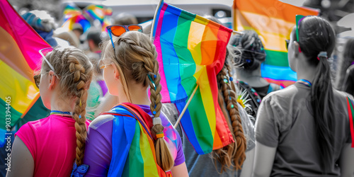 Rainbow Pride: A vibrant display of LGBTQ+ pride at a parade, with individuals holding rainbow flags and wearing colorful attire, symbolizing unity, acceptance, and diversity. 