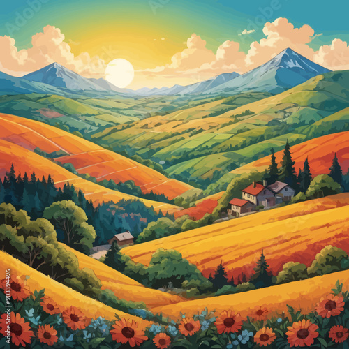 Vibrant countryside landscape with farmhouse and sunset