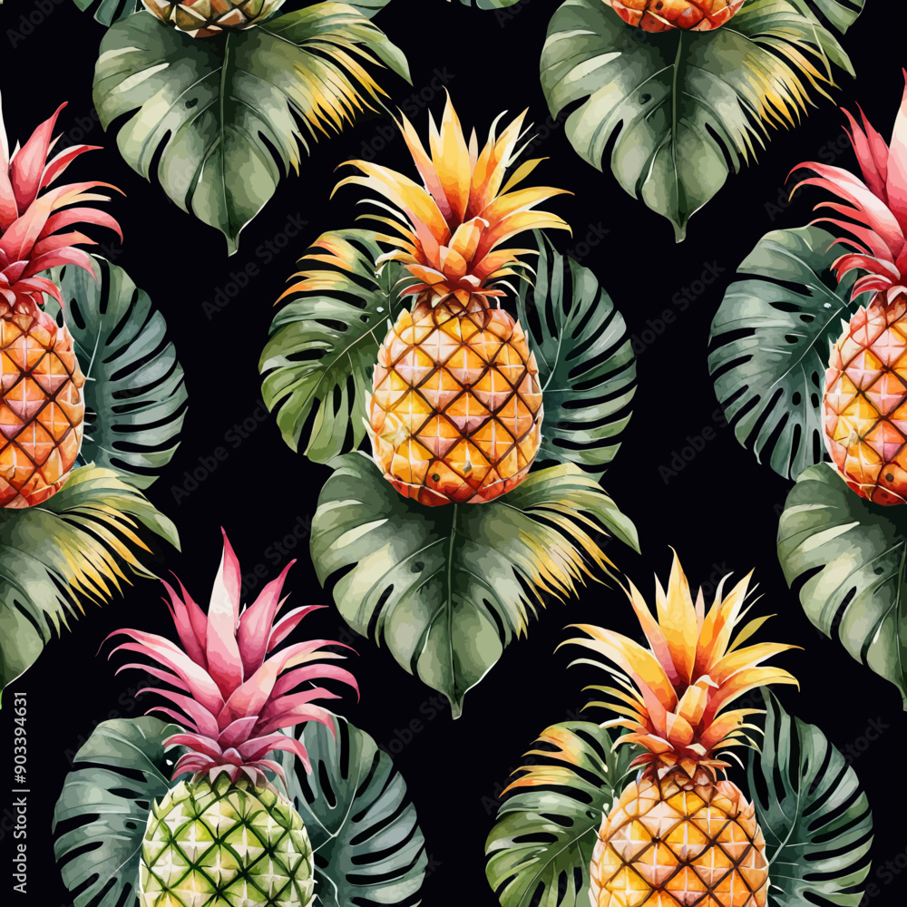 Obraz premium Vibrant Pineapple Pattern with Tropical Leaves
