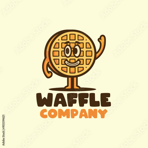 Waffle with smiling face and waving hand mascot logo retro vintage design