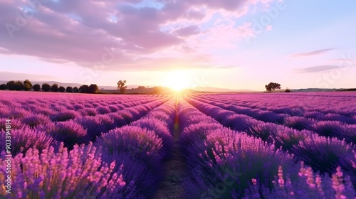 A picturesque view of a vast lavender field bathed in the warm glow of a sunset