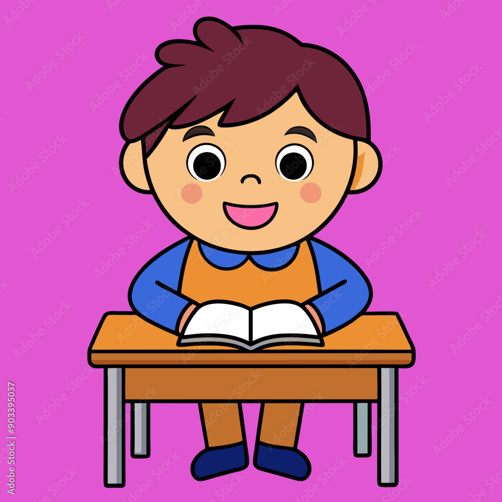 Little children sitting at the table reading books happily vector art illustration Little children sitting at the table reading books happily vector art illustration