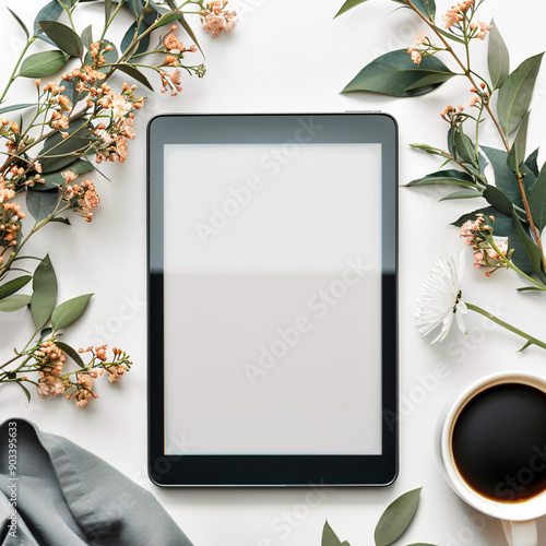 Minimalist Tablet Mockup: A sleek black tablet rests on a white background surrounded by delicate greenery, a white flower, a gray fabric, and a steaming cup of coffee. The tablet's blank screen provi photo